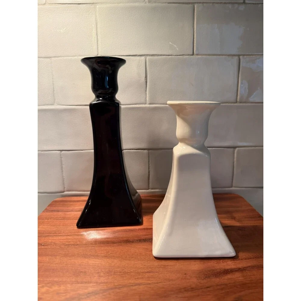 Vintage Royal Haeger Candlestick Holders Set Black and Cream Ceramic